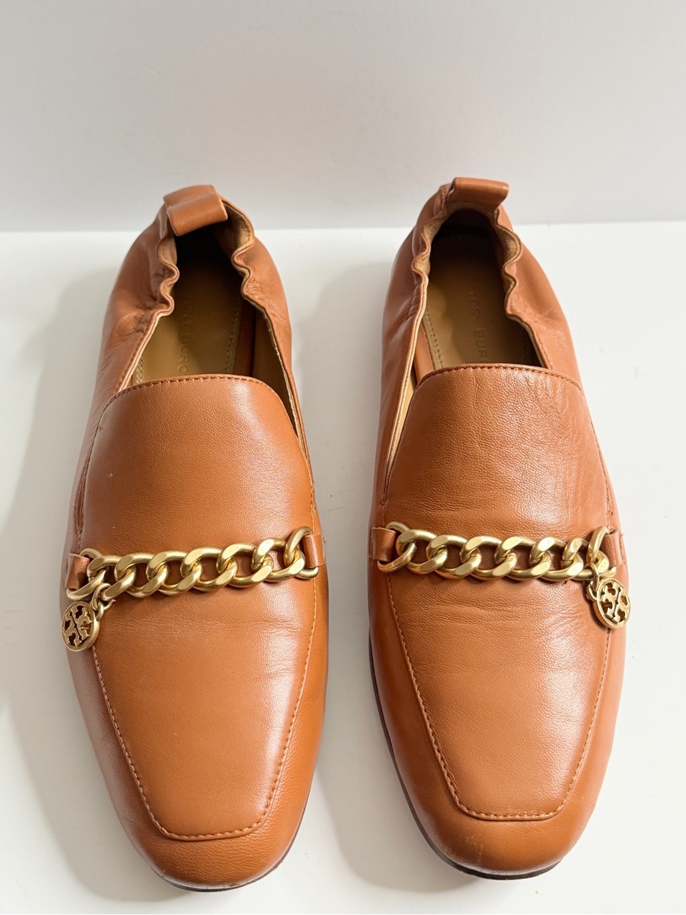 Tory Burch Cognac Leather Slip-On Loafers with Gold Chain
